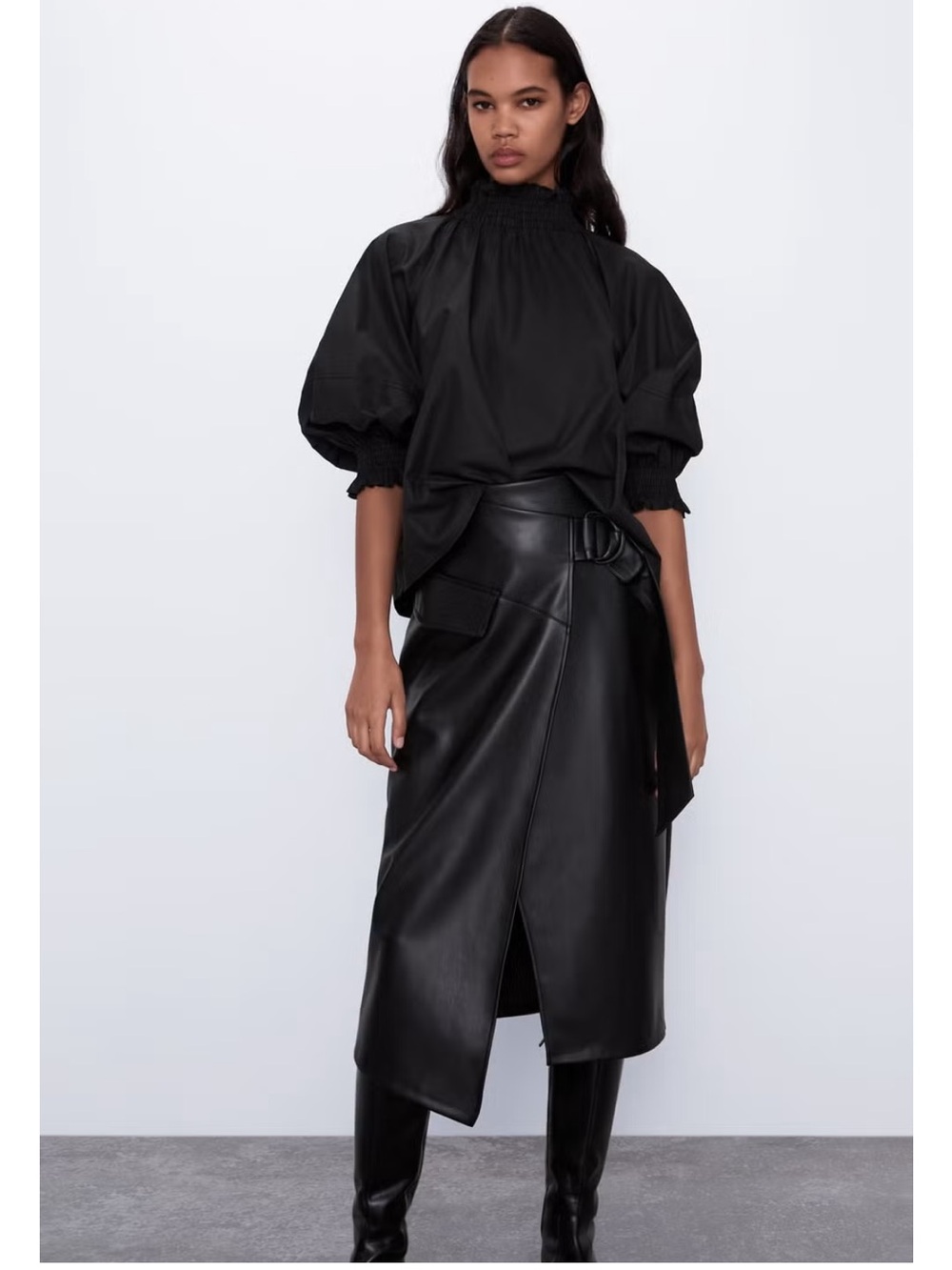 Zara Black Faux Leather Wrap Midi Skirt
